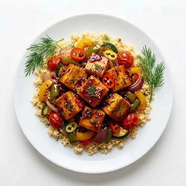 Honey buffalo tofu & sautéed vegetable cous cous